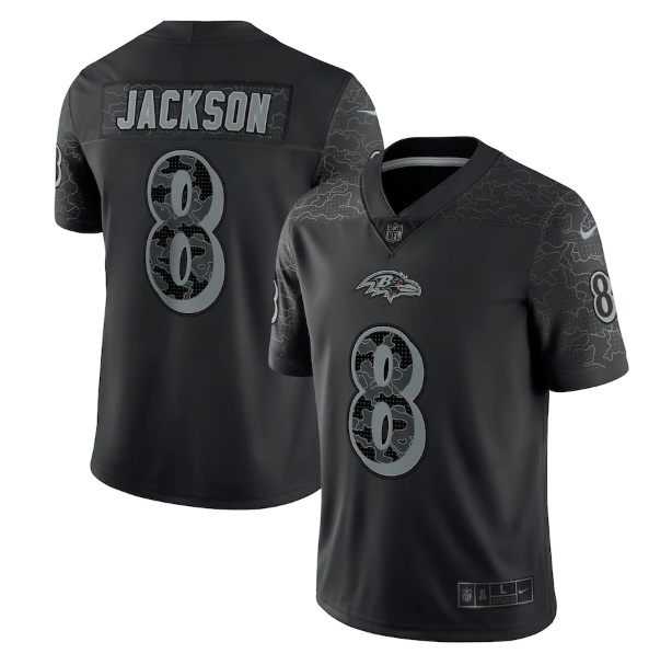 Men Baltimore Ravens 8 Lamar Jackson Black Reflective Limited Stitched Football Jersey