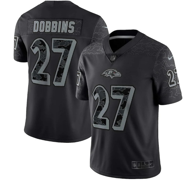Men Baltimore Ravens 27 J K  Dobbins Black Reflective Limited Stitched Football Jersey