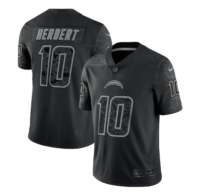 Men Los Angeles Chargers 10 Justin Herbert Black Reflective Limited Stitched Football Jersey