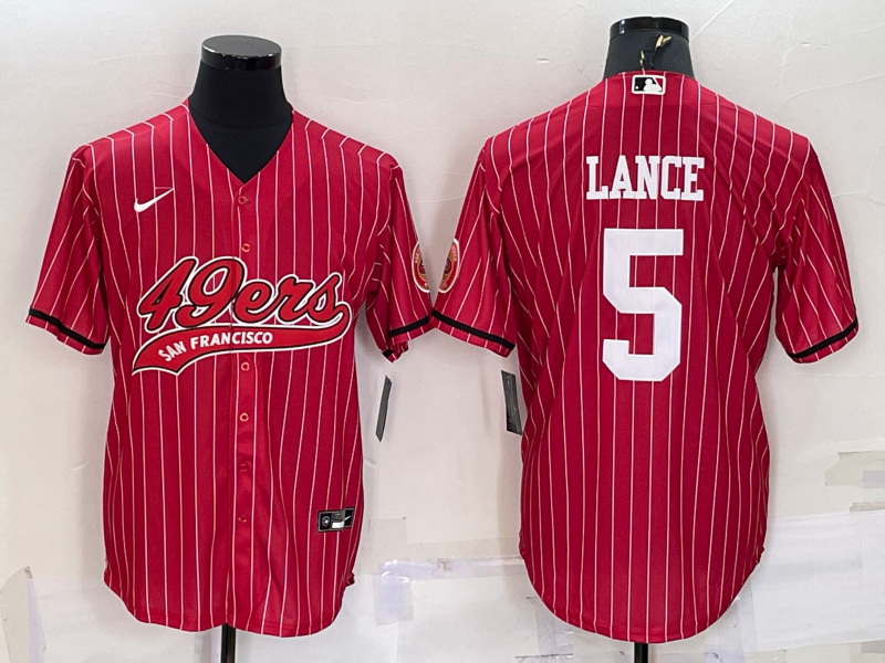 Men San Francisco 49ers 5 Trey Lance Red With Patch Cool Base Stitched Baseball Jersey