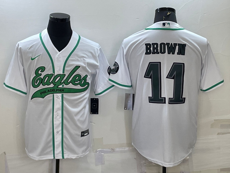 Men Philadelphia Eagles 11 A J Brown White With Patch Cool Base 