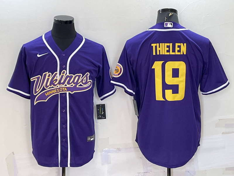 Men Minnesota Vikings 19 Adam Thielen Purple Gold With Patch Cool Base Stitched Baseball Jersey