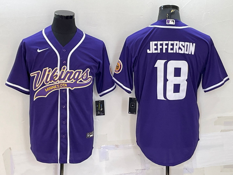 Men Minnesota Vikings 18 Justin Jefferson Purple With Patch Cool Base Stitched Baseball Jersey