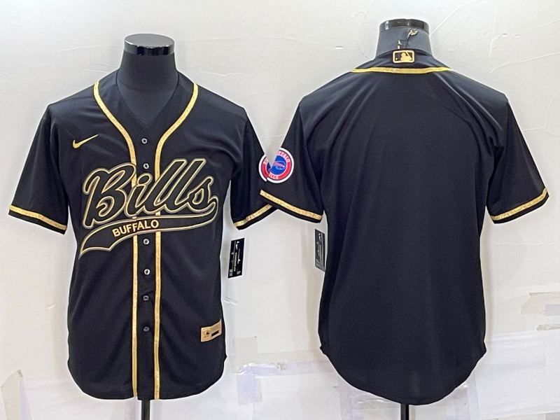 Men Buffalo Bills Blank Black Gold With Patch Cool Base Stitched Baseball Jersey