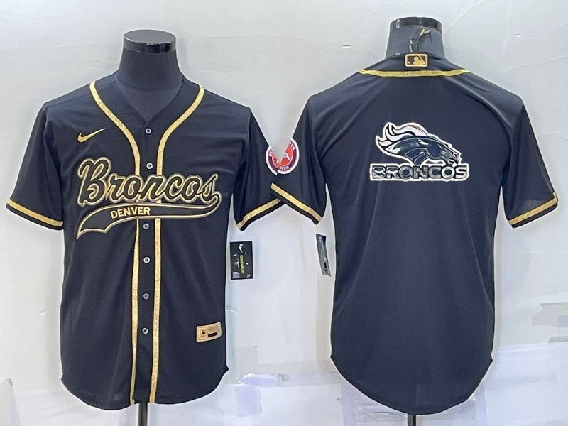 Men Denver Broncos Black Gold Team Big Logo With Patch Cool Base Stitched Baseball Jersey