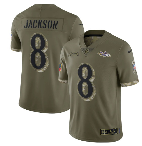 Men Baltimore Ravens 8 Lamar Jackson Olive 2022 Salute To Service Limited Stitched Jersey