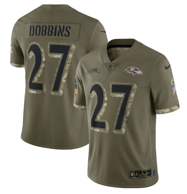 Men Baltimore Ravens 27 J K  Dobbins Olive 2022 Salute To Service Limited Stitched Jersey