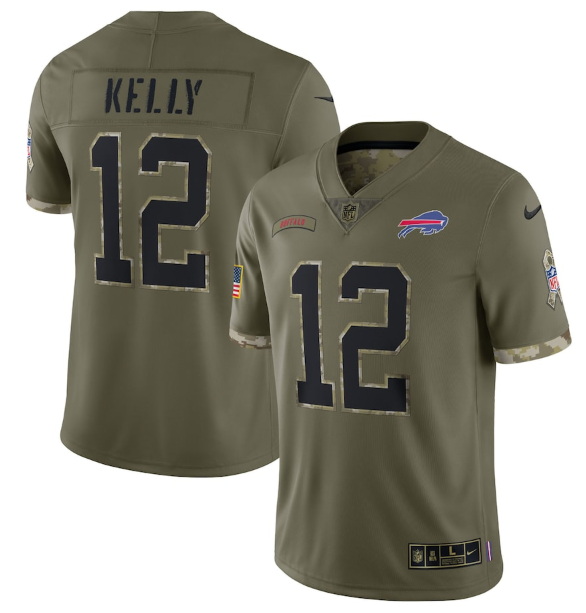 Men Buffalo Bills 12 Jim Kelly Olive 2022 Salute To Service Limited Stitched Jersey