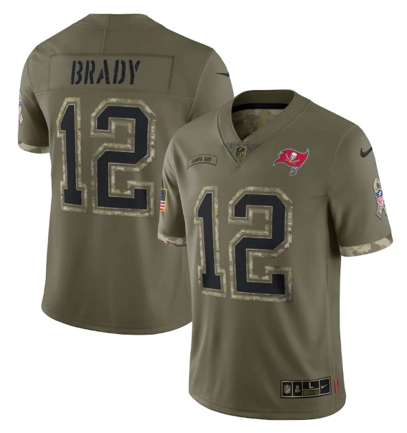 Men Tampa Bay Buccaneers 12 Tom Brady Olive 2022 Salute To Service Limited Stitched Jersey