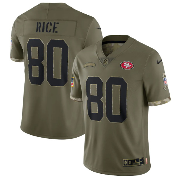 Men San Francisco 49ers 80 Jerry Rice Olive 2022 Salute To Service Limited Stitched Jersey