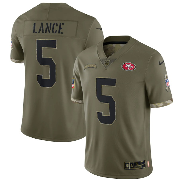 Men San Francisco 49ers 5 Trey Lance Olive 2022 Salute To Service Limited Stitched Jersey