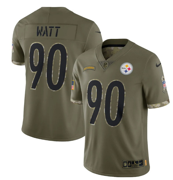 Men Pittsburgh Steelers 90 T  J  Watt Olive 2022 Salute To Service Limited Stitched Jersey