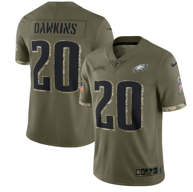 Men Philadelphia Eagles 20 Brian Dawkins Olive 2022 Salute To Service Limited Stitched Jersey