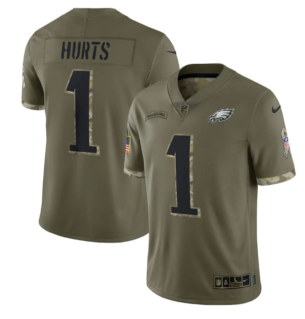 Men Philadelphia Eagles 1 Jalen Hurts Olive 2022 Salute To Service Limited Stitched Jersey