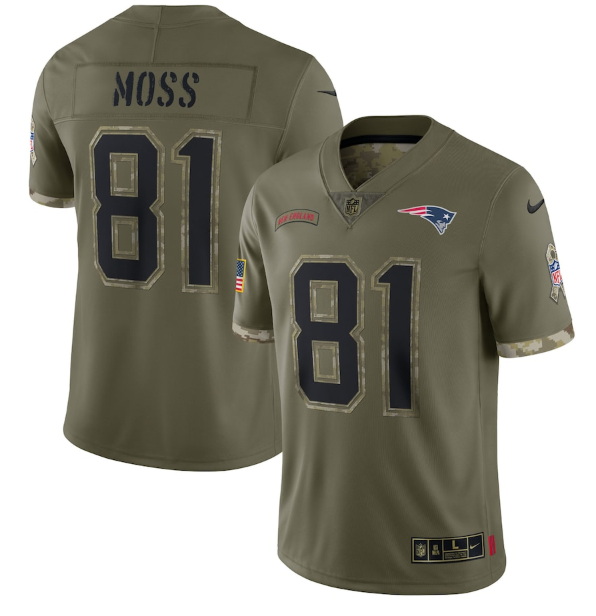 Men New England Patriots 81 Randy Moss Olive 2022 Salute To Service Limited Stitched Jersey