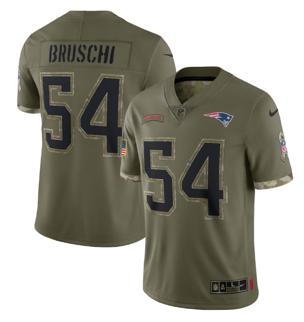 Men New England Patriots 54 Tedy Bruschi Olive 2022 Salute To Service Limited Stitched Jersey