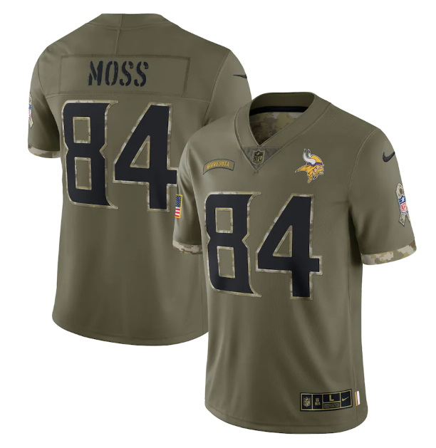 Men Minnesota Vikings 84 Randy Moss Olive 2022 Salute To Service Limited Stitched Jersey