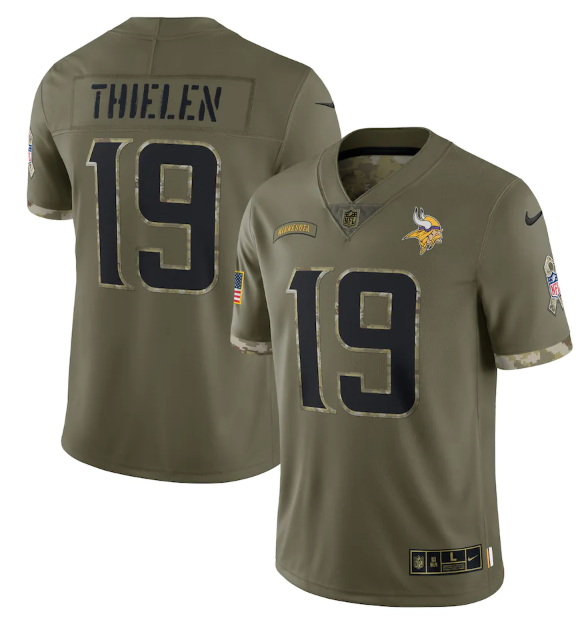 Men Minnesota Vikings 19 Adam Thielen Olive 2022 Salute To Service Limited Stitched Jersey