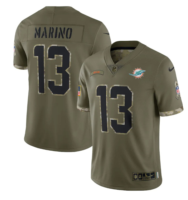 Men Miami Dolphins 13 Dan Marino Olive 2022 Salute To Service Limited Stitched Jersey