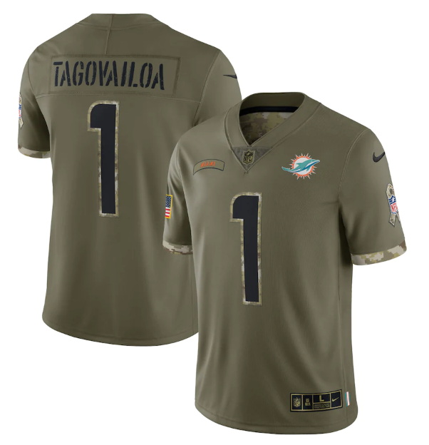 Men Miami Dolphins 1 Tua Tagovailoa Olive 2022 Salute To Service Limited Stitched Jersey