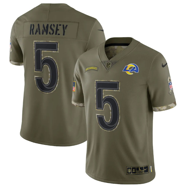 Men Los Angeles Rams 5 Jalen Los Angeles Ramsey Olive 2022 Salute To Service Limited Stitched Jersey