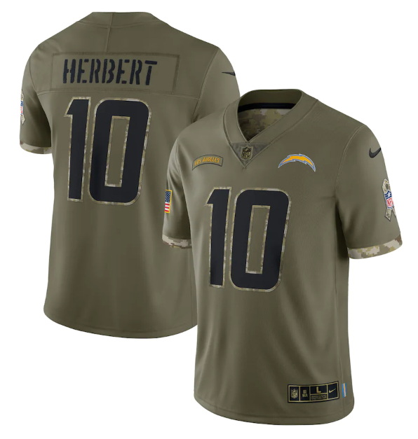 Men Los Angeles Chargers 10 Justin Herbert Olive 2022 Salute To Service Limited Stitched Jersey