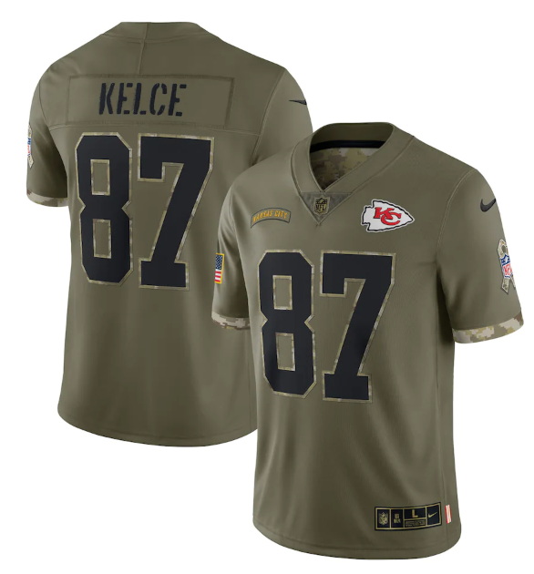 Men Kansas City Chiefs 87 Travis Kelce Olive 2022 Salute To Service Limited Stitched Jersey