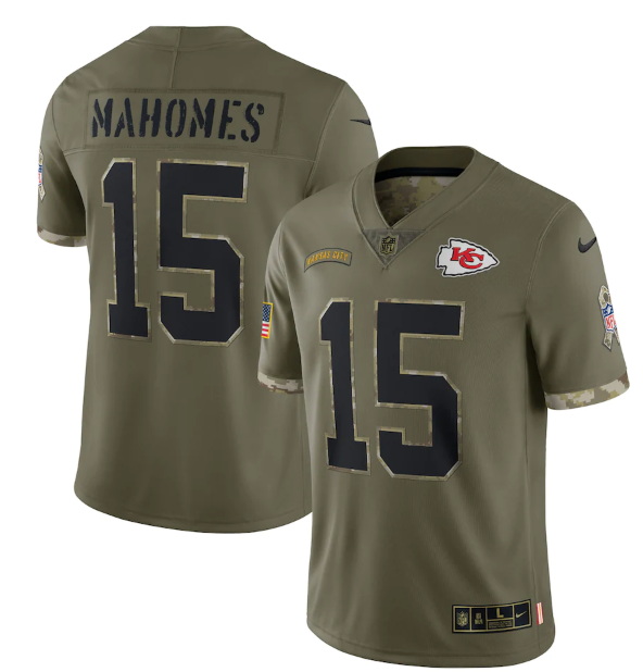 Men Kansas City Chiefs 15 Patrick Mahomes Olive 2022 Salute To Service Limited Stitched Jersey