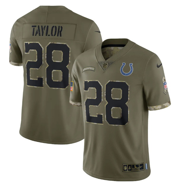 Men Indianapolis Colts 28 Jonathan Taylor Olive 2022 Salute To Service Limited Stitched Jersey