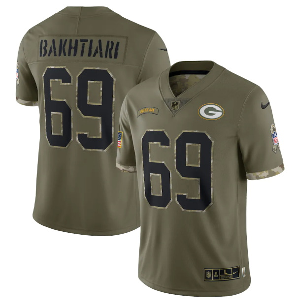 Men Green Bay Packers 69 David Bakhtiari Olive 2022 Salute To Service Limited Stitched Jersey