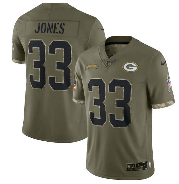 Men Green Bay Packers 33 Aaron Jones Olive 2022 Salute To Service Limited Stitched Jersey