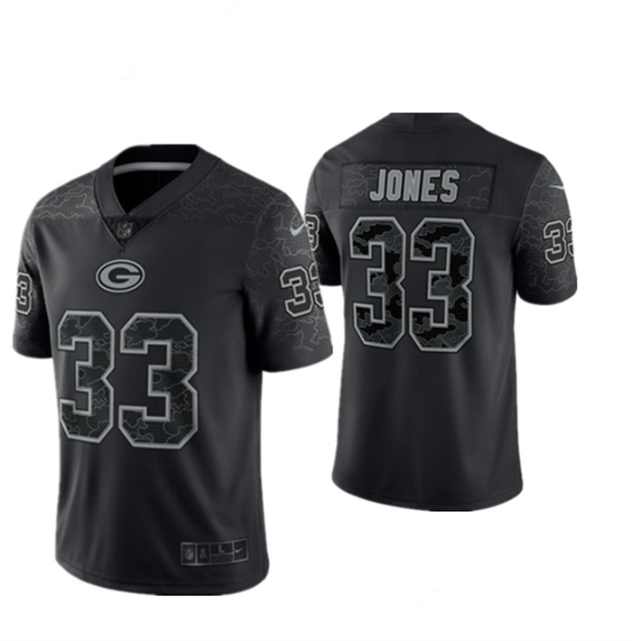 Men Green Bay Packers 33 Aaron Jones Black Reflective Limited Stitched Football Jersey