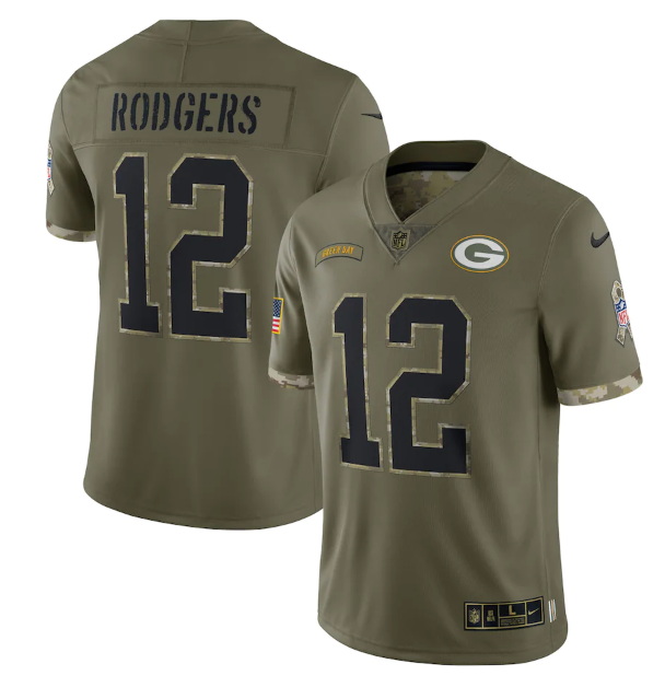 Men Green Bay Packers 12 Aaron Rodgers Olive 2022 Salute To Service Limited Stitched Jersey