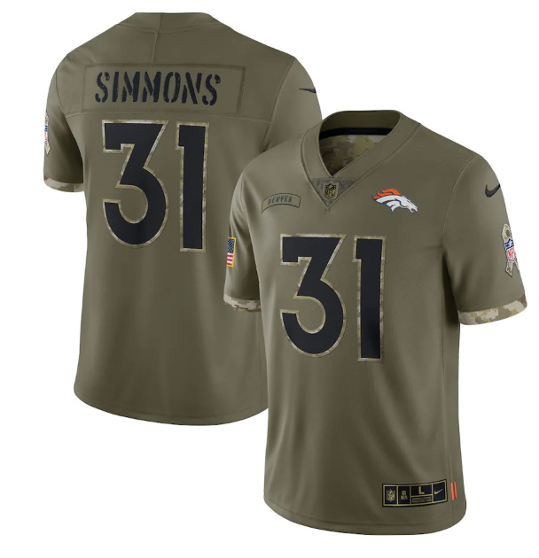 Men Denver Broncos 31 Justin Simmons Olive 2022 Salute To Service Limited Stitched Jersey