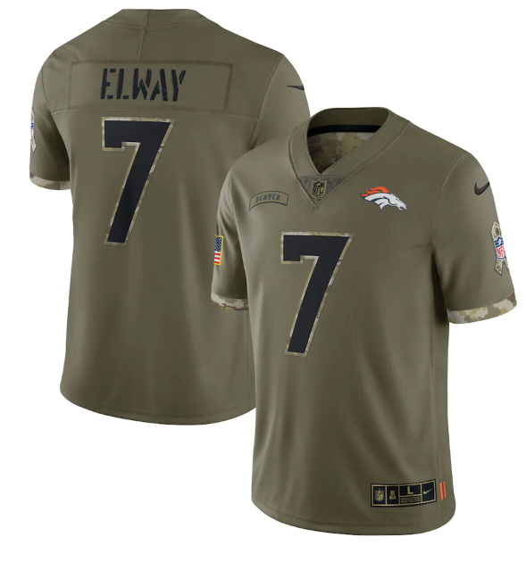 Men Denver Broncos 7 John Elway Olive 2022 Salute To Service Limited Stitched Jersey