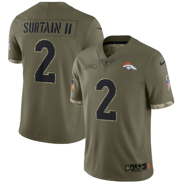 Men Denver Broncos 2 Pat Surtain II Olive 2022 Salute To Service Limited Stitched Jersey