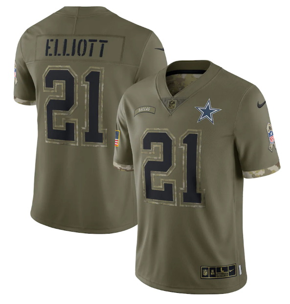 Men Dallas Cowboys 21 Ezekiel Elliott Olive 2022 Salute To Service Limited Stitched Jersey