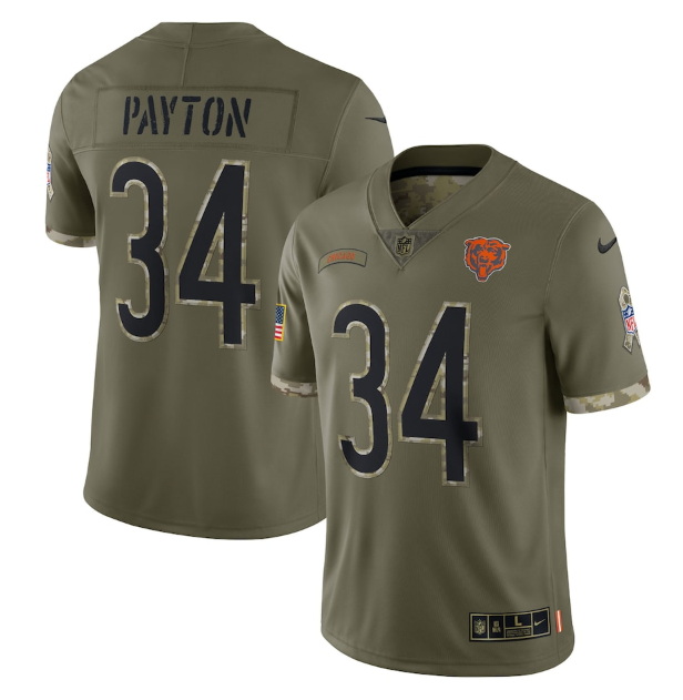 Men Chicago Bears 34 Walter Payton Olive 2022 Salute To Service Limited Stitched Jersey