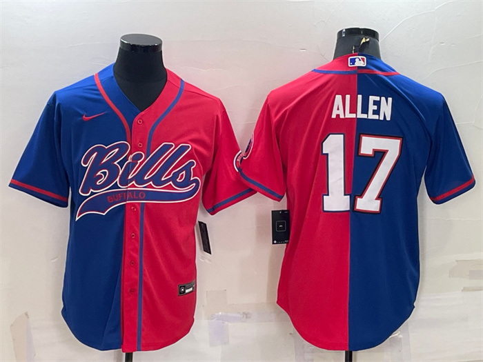 Men Buffalo Bills 17 Josh Allen Royal Red Split With Patch Cool Base Stitched Baseball Jersey