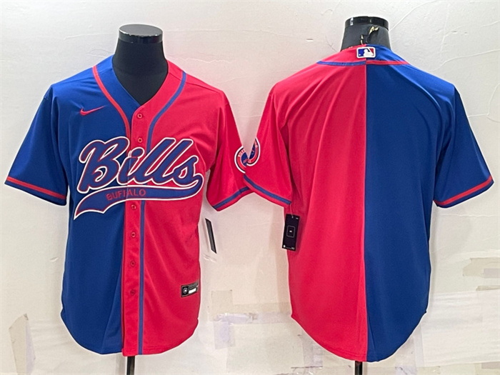 Men Buffalo Bills Blank Royal Red Split With Patch Cool Base Stitched Baseball Jersey