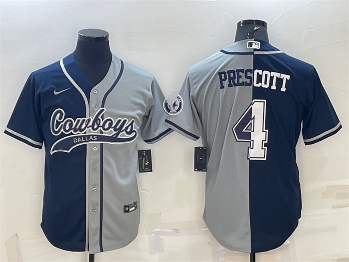 Men Dallas Cowboys 4 Dak Prescott Navy Grey Split With Patch Cool Base Stitched Baseball Jersey