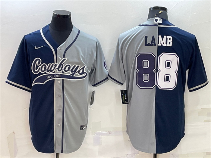 Men Dallas Cowboys 88 CeeDee Lamb Navy Grey Split With Patch Cool Base Stitched Baseball Jersey