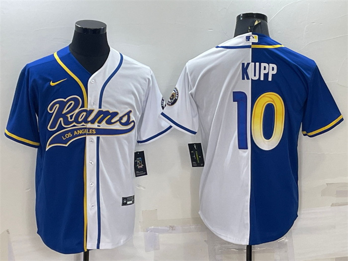 Men Los Angeles Rams 10 Cooper Kupp Royal White Split With Patch Cool Base Stitched Baseball Jersey