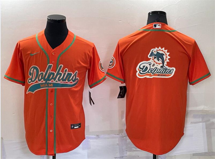 Men Miami Dolphins Orange Team Big Logo With Patch Cool Base Stitched Baseball Jersey