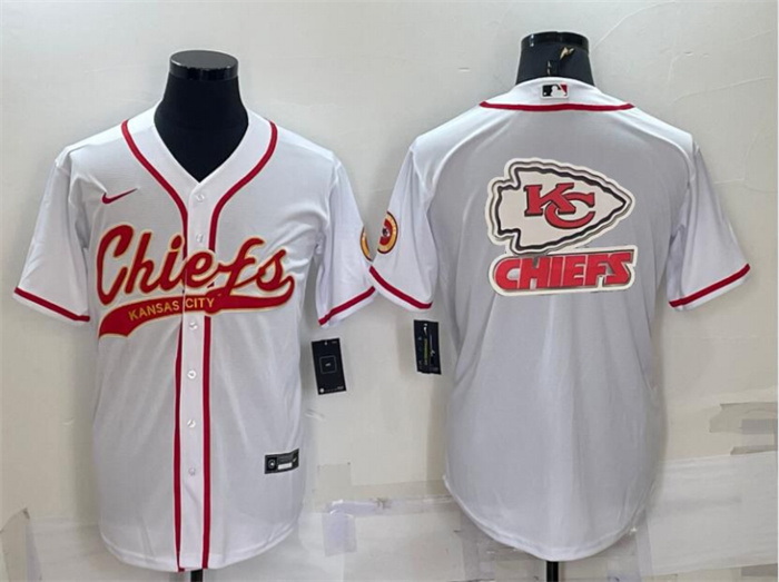 Men Kansas City Chiefs White Team Big Logo With Patch Cool Base Stitched Baseball Jersey