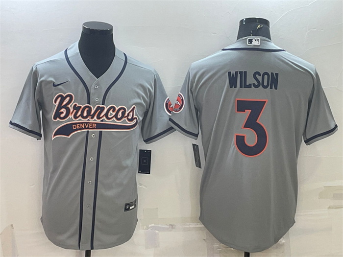 Men Denver Broncos 3 Russell Wilson Grey With Patch Cool Base Stitched Baseball Jersey