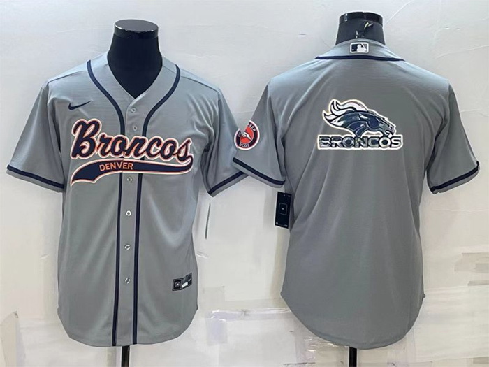 Men Denver Broncos Grey Team Big Logo With Patch Cool Base Stitched Baseball Jersey