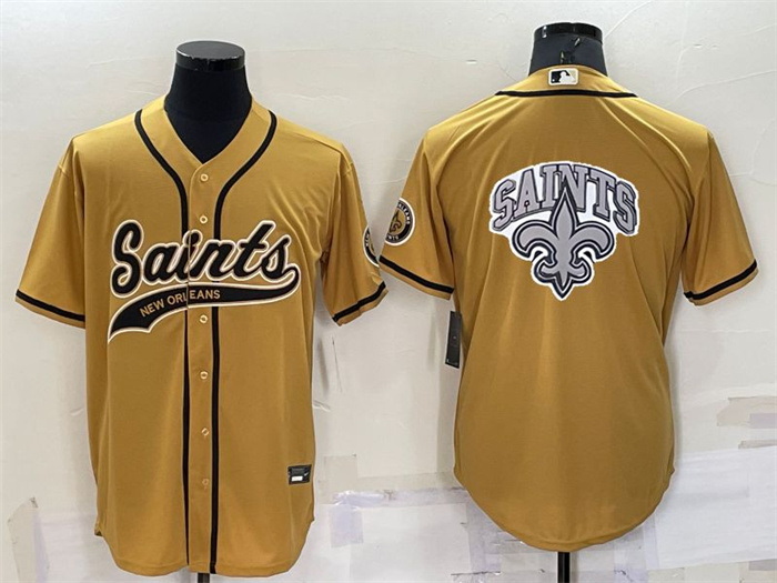 Men New Orleans Saints Gold Team Big Logo With Patch Cool Base Stitched Baseball Jersey