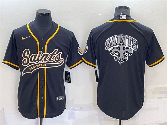 Men New Orleans Saints Black Team Big Logo With Patch Cool Base Stitched Baseball Jersey