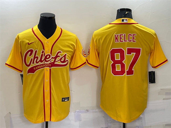 Men Kansas City Chiefs 87 Travis Kelce Gold With Patch Cool Base Stitched Baseball Jersey